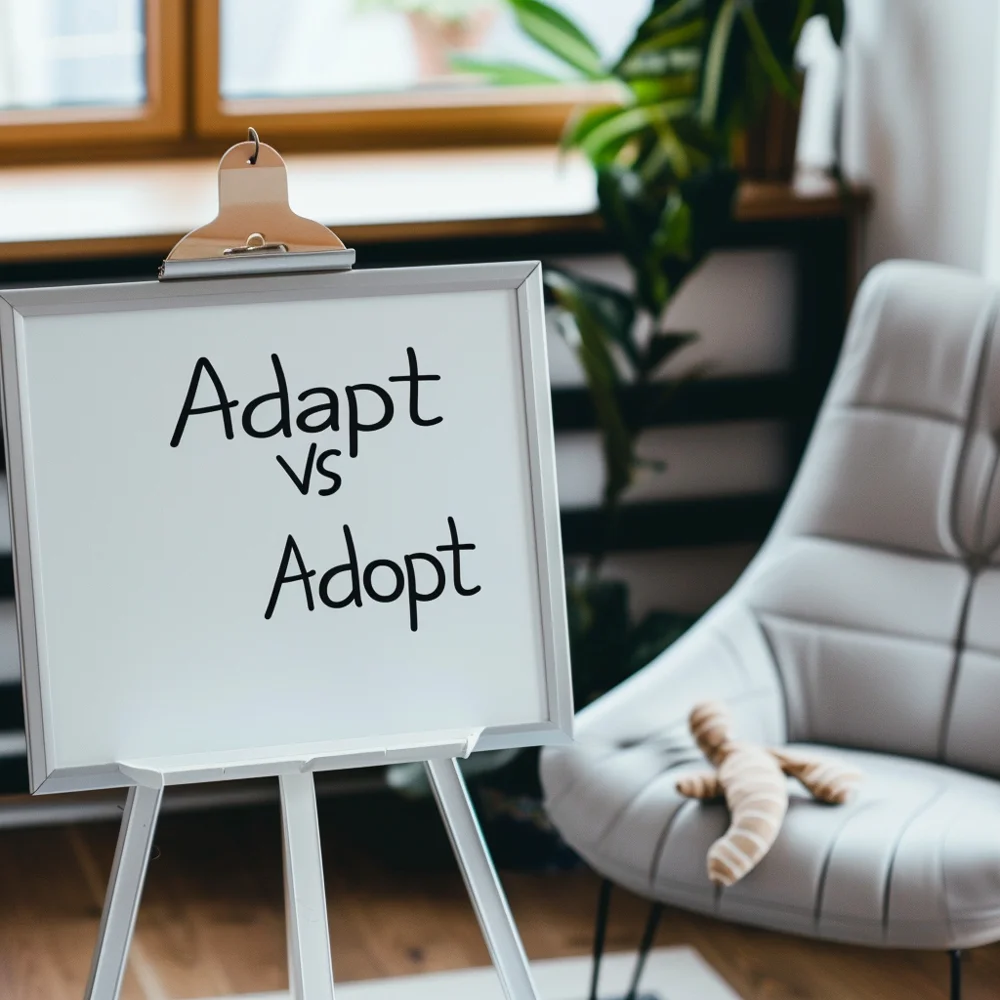 'Adapt vs. Adopt' written on a whiteboard.