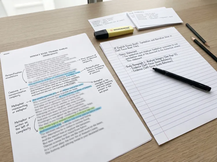 Annotated Shakespeare sonnet and IP English essay plan on a study desk.