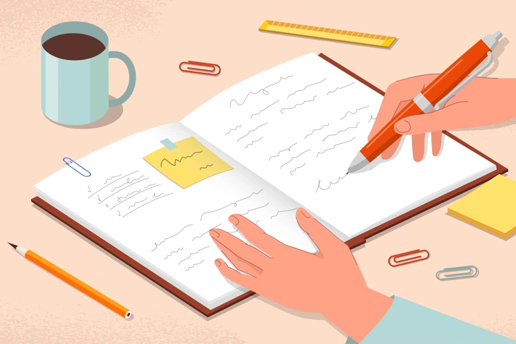 Cartoon illustration of student doing homework with sticky notes over a cup of coffee.
