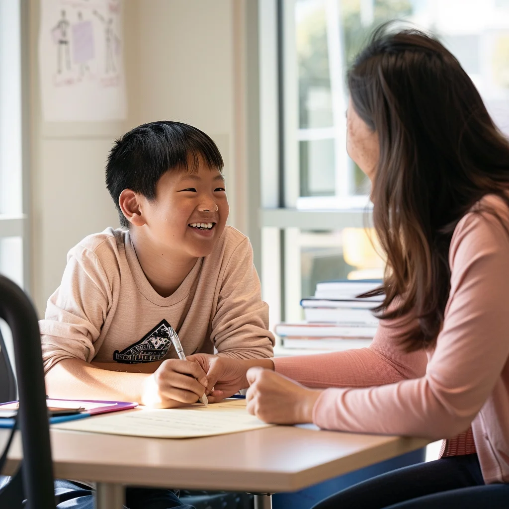 Young male child excitedly attending a Secondary 1 primer programme.
