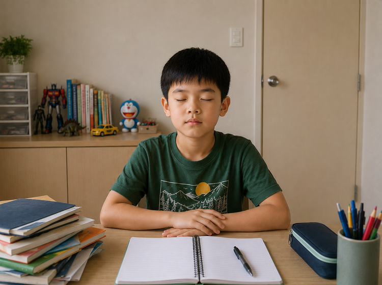 Primary school boy taking a calm study break during PSLE revision.