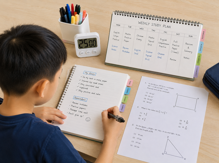 Primary school boy using a study planner during PSLE revision.