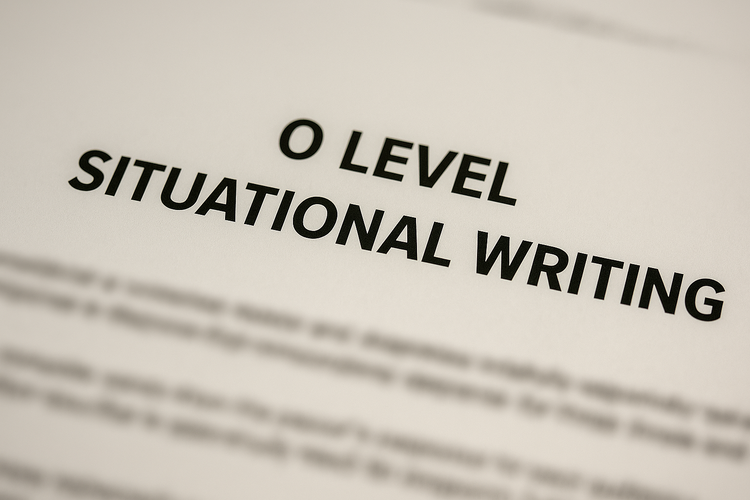 Close up of exam paper titled O Level Situational Writing with blurred words below the heading.