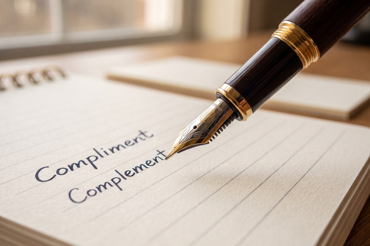 Fountain pen writing the words 'compliment' and 'complement' on lined paper.