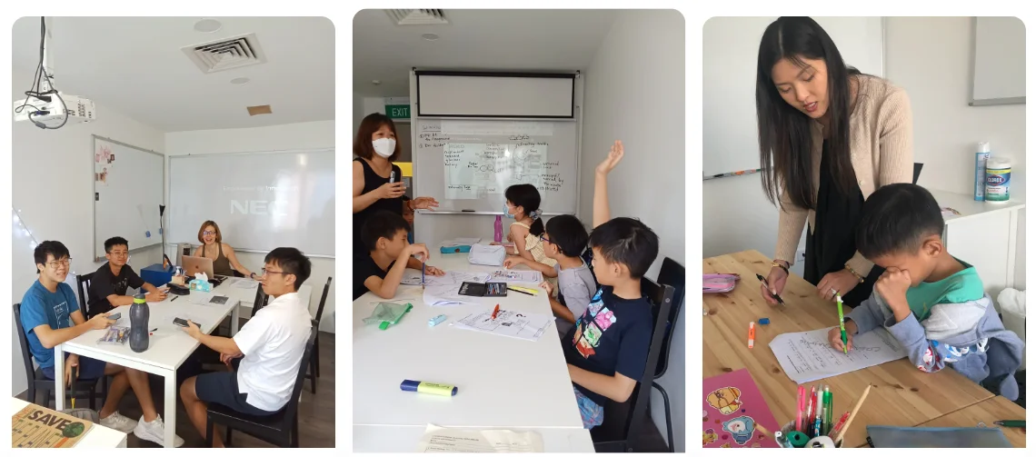 Students in small group English tuition classroom at Creative Campus in Singapore working on writing and comprehension skills.