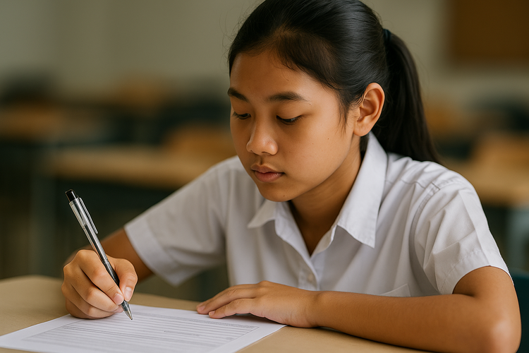 Female secondary school student writing a continuous writing essay during English examination.