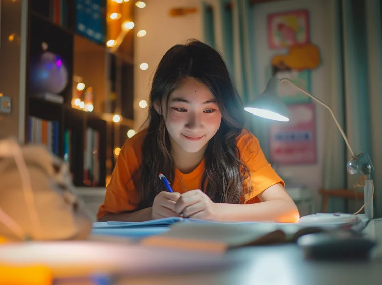 Female Singaporean student feeling confident while studying due to structured revision plans, healthy study habits, relaxation techniques, and support from family and friends.