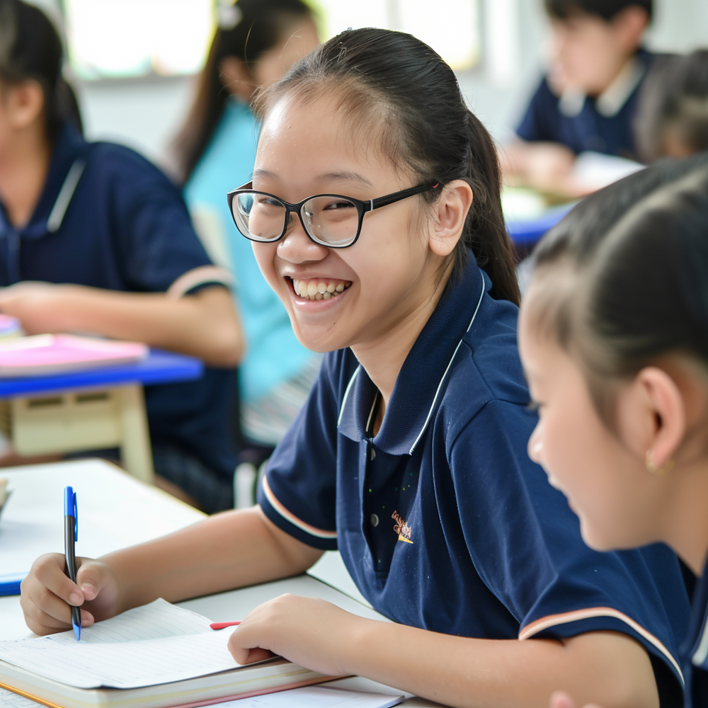 Female student smiling confidently, reflecting the positive impact of strong collaborative communication skills.