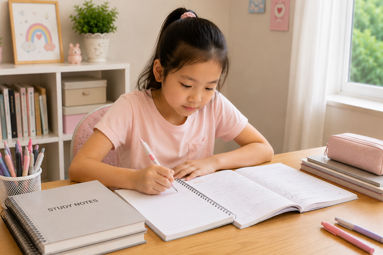 Primary school girl revising with study notes and practice papers for PSLE.