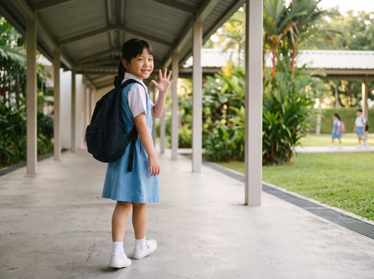 Smiling girl in a blue pinafore and backpack waving goodbye on a covered walkway
