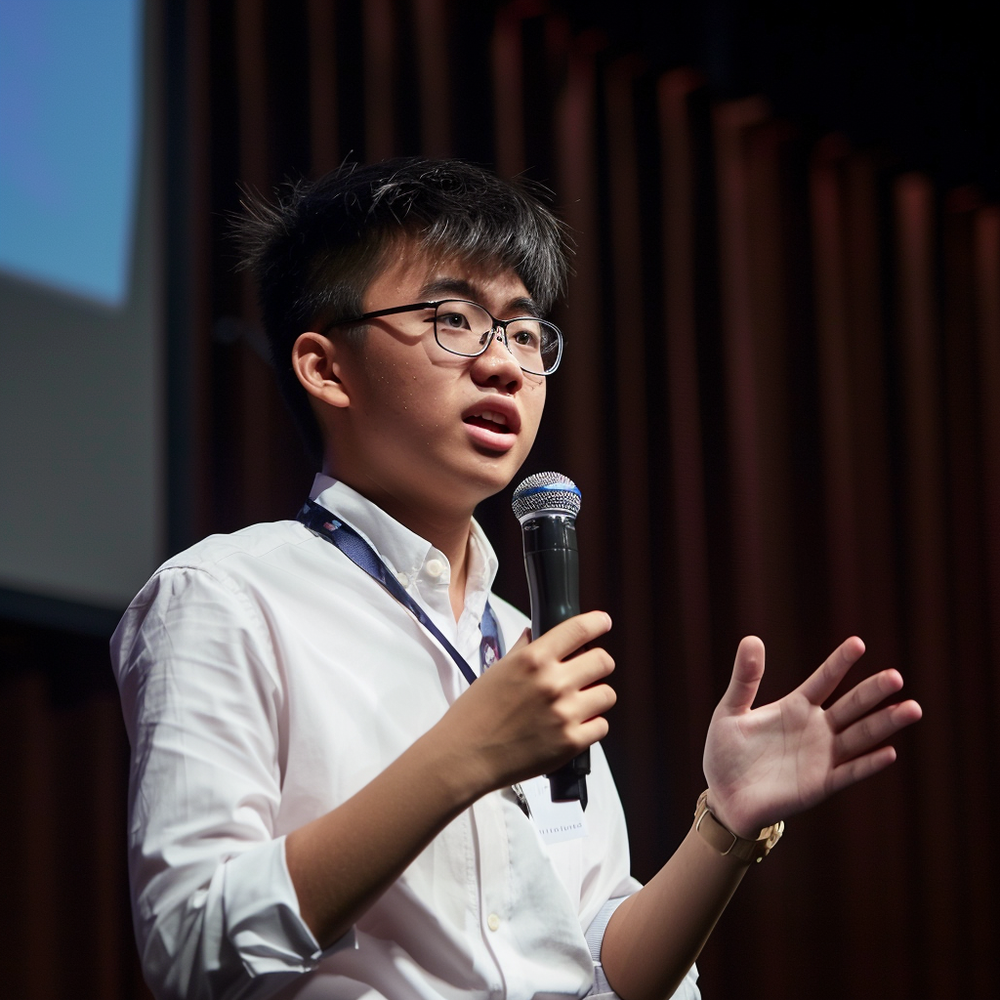 Male student confidently speaking into a microphone, demonstrating effective communication skills.