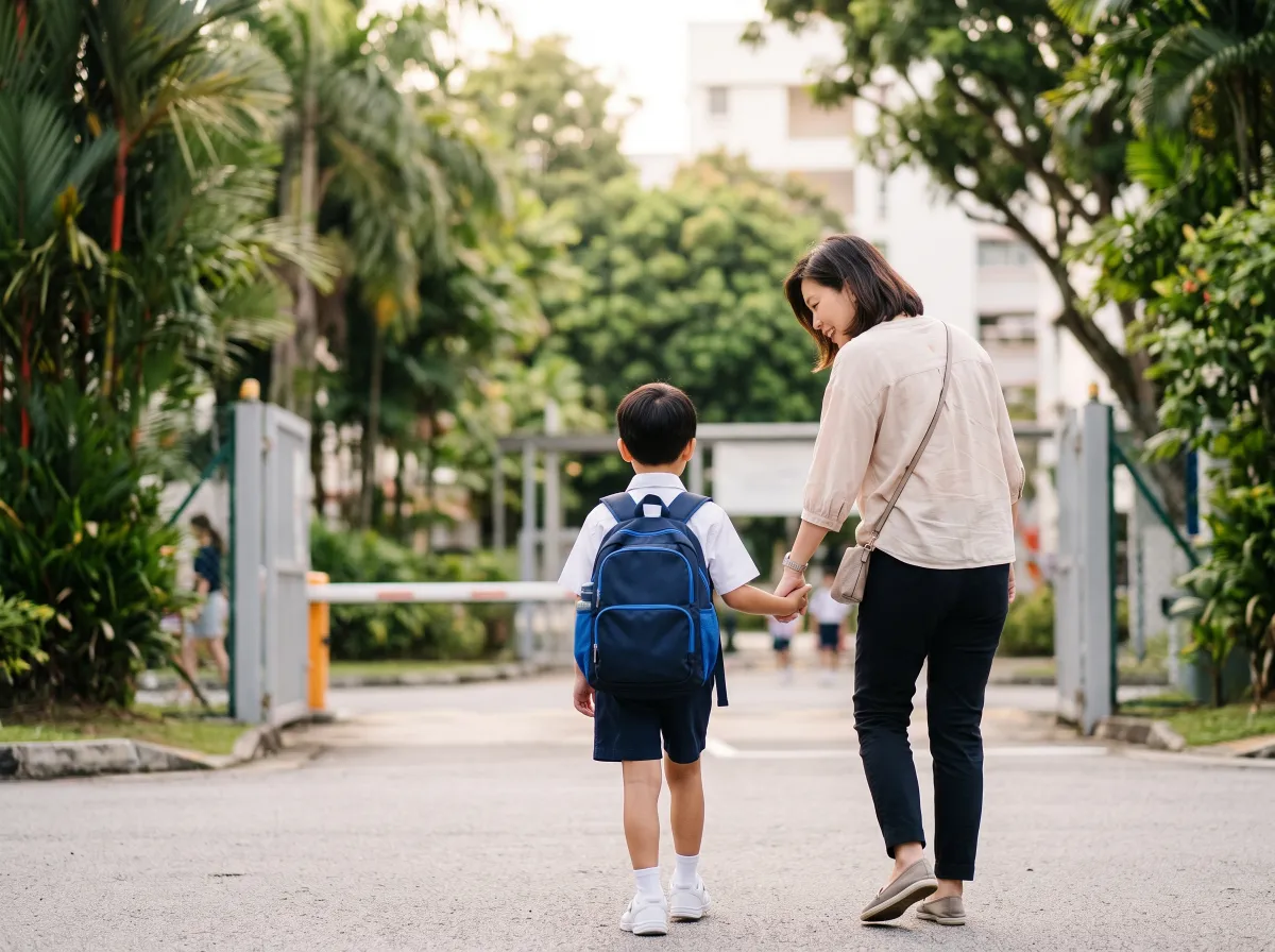 Smiling mother walking her young son in school uniform to a primary school gate