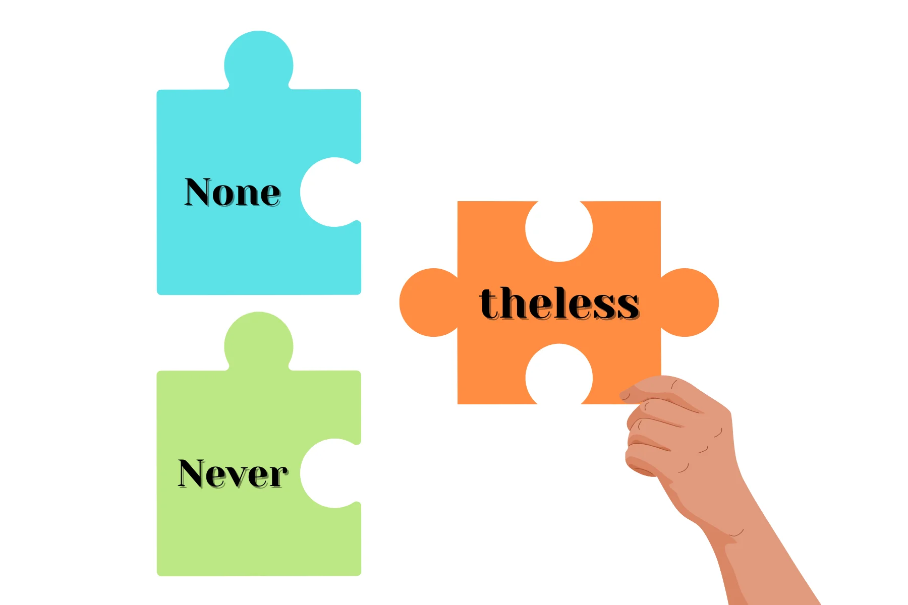Puzzle pieces of the words 'None', 'Never', and 'the less'.