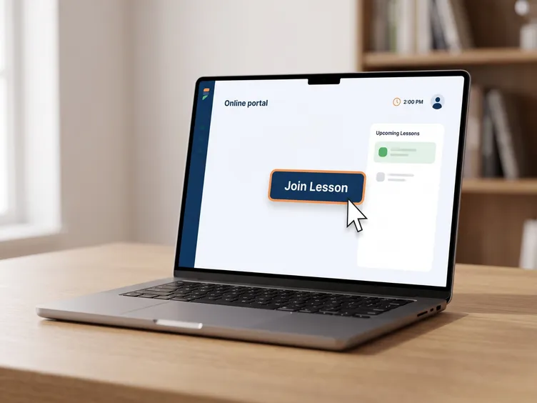 Laptop showing an online lesson portal with a join lesson button and lesson list.