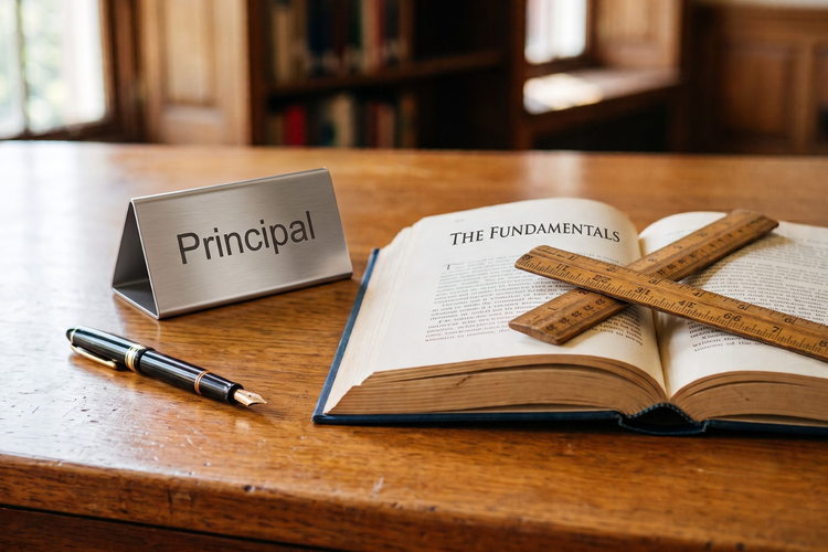 A metal &ldquo;Principal&rdquo; desk nameplate beside an open book titled The Fundamentals.