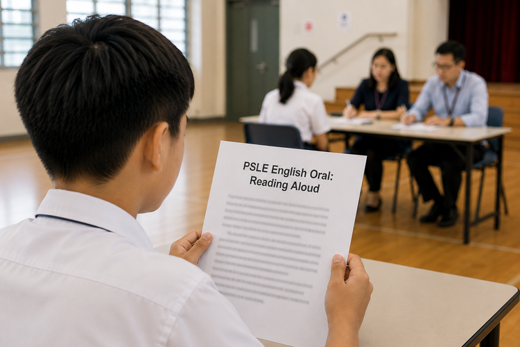 Student preparing for PSLE English oral reading aloud in a school hall.