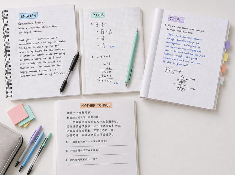English, Maths, Science and Mother Tongue revision materials for PSLE.
