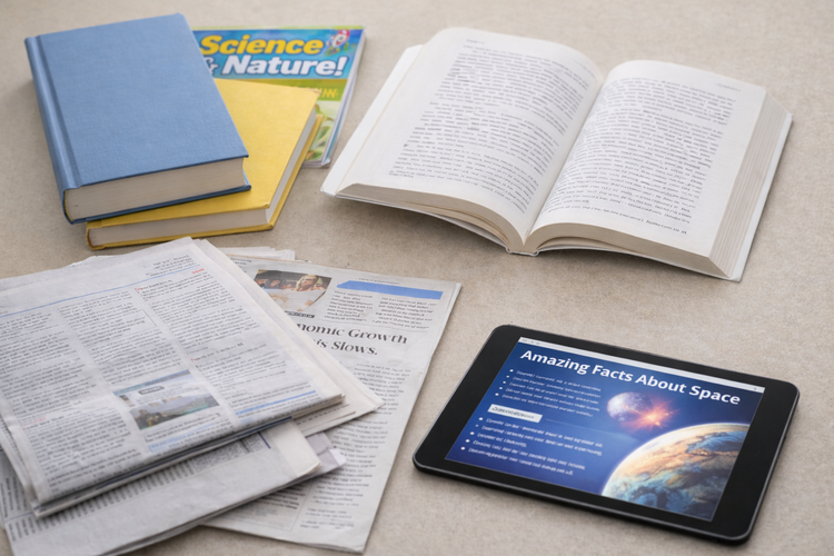 Books, newspapers and tablet with study content for improving reading skills.