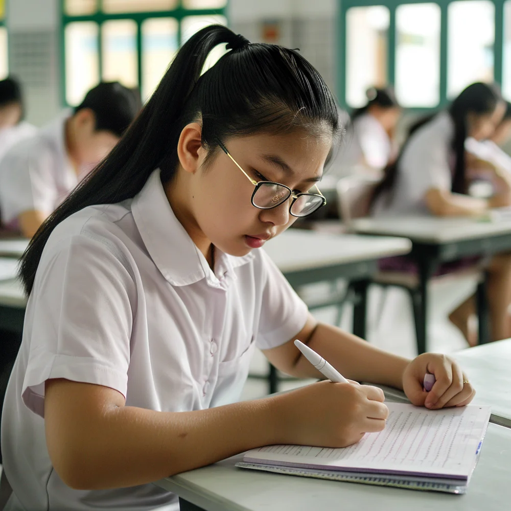 Secondary Four female student practicing for her O-Level Listening Comprehension examination to improve.