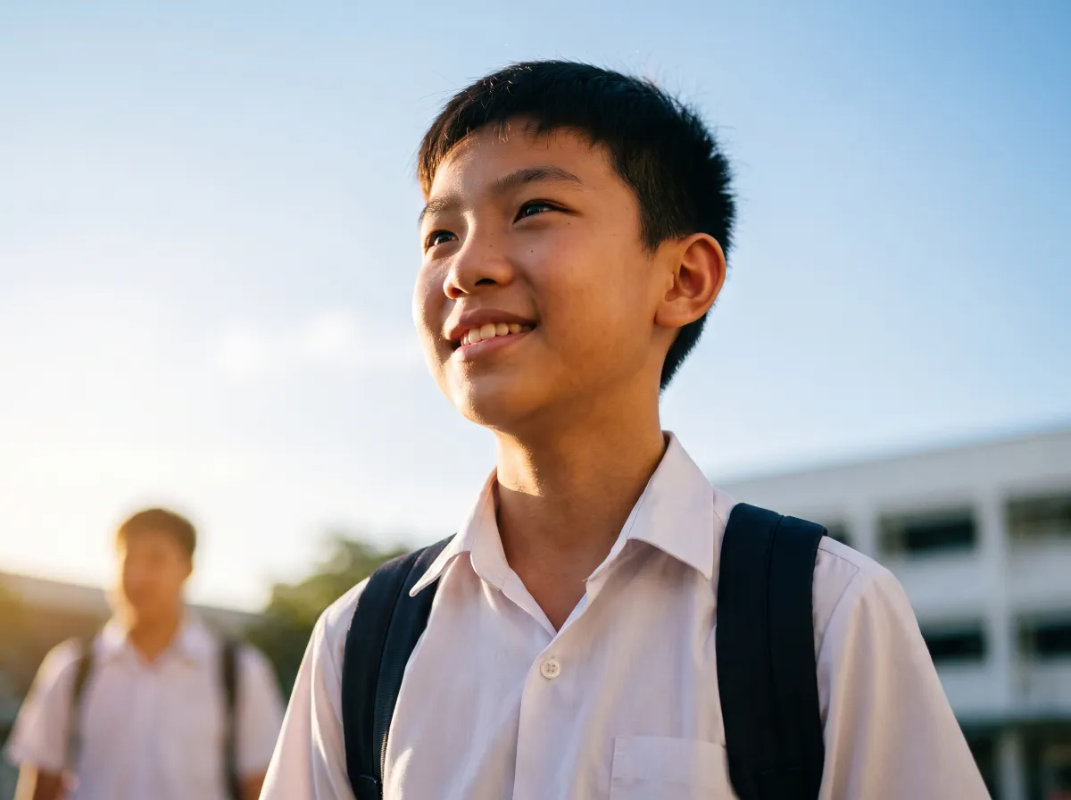 Smiling boy in a white school uniform and backpack outside a secondary school
