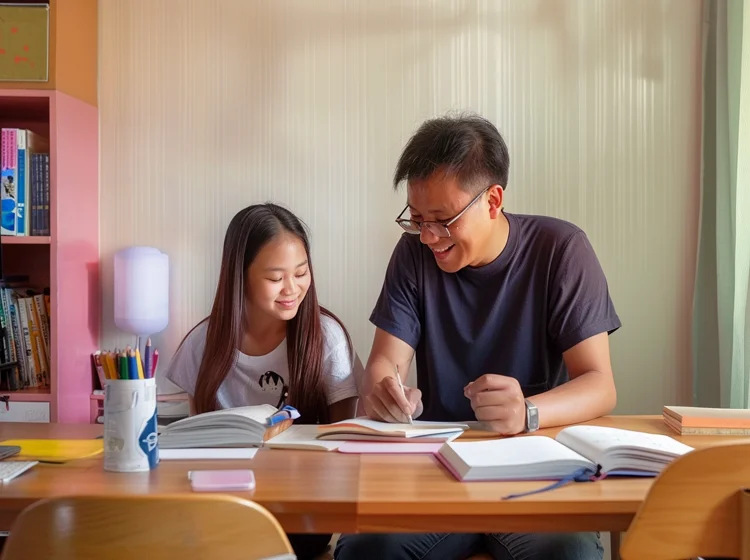 Singaporean father supporting his daughter in her studies through open communication, attainable expectations, modeling healthy stress management, and providing positive reinforcement.