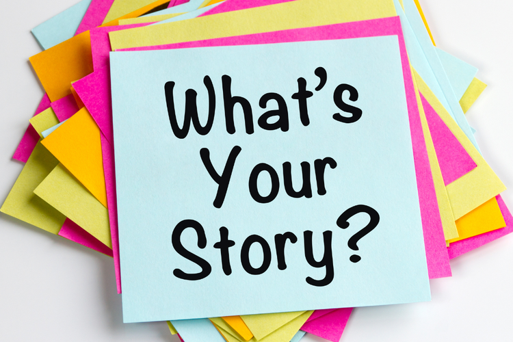 Sticky notes with message what’s your story illustrating narrative or personal recount essay.