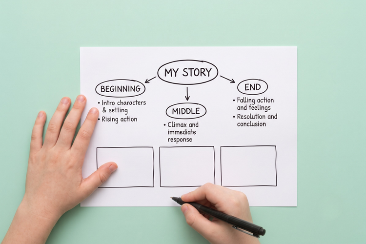 A child planning a story with a beginning, middle and end mind map before writing.