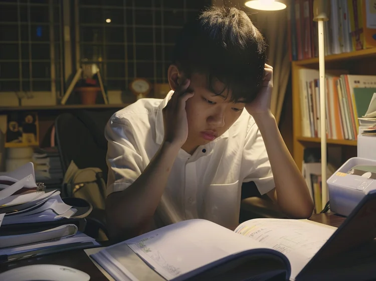 Stressed and anxious Singaporean student studying for upcoming exams late at night, affecting his physical and mental health.