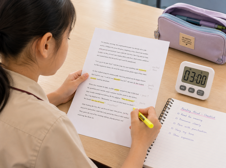 Student marking pauses and key words on a reading aloud passage.
