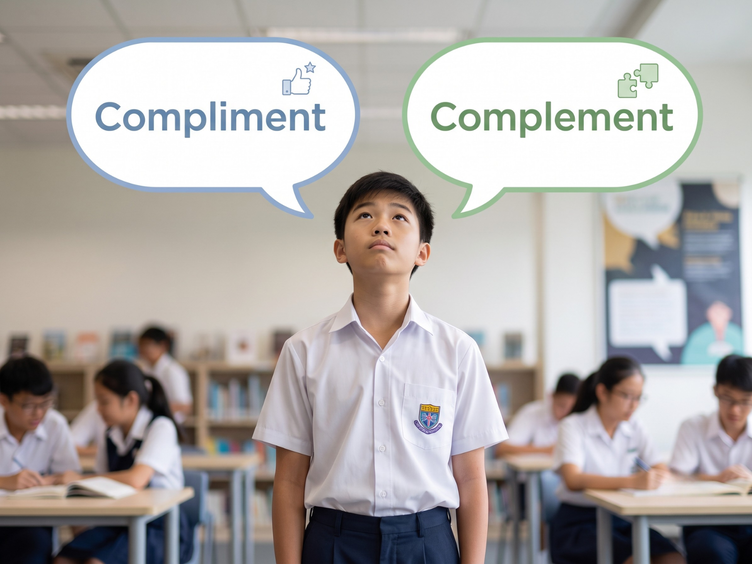 Student looking up at two speech bubbles reading 'compliment' and 'complement'.