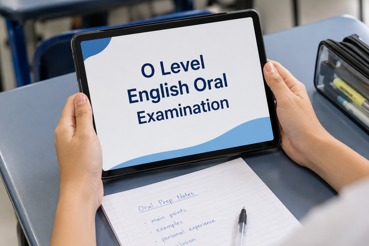 Student holding a tablet displaying O Level English Oral examination.