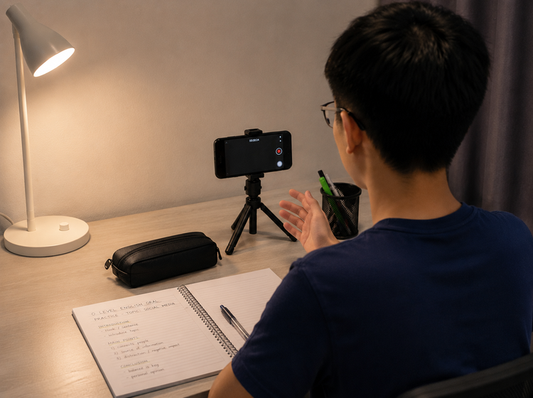 Student practising O Level English Oral responses at home.
