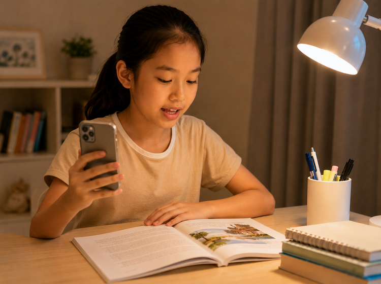 Student recording reading aloud practice at home using a mobile phone.