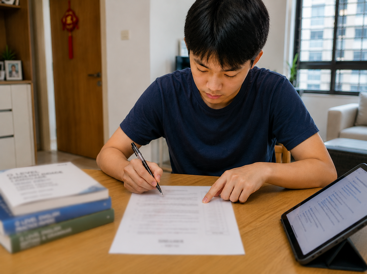 Student reviewing O Level Editing answers during English revision at home.