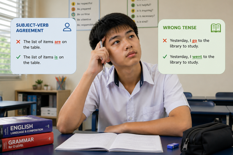 Secondary school student thinking about grammar rules with subject-verb agreement and tense examples.