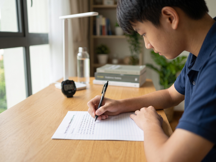 A student writing a composition at his desk with a stopwatch beside him.