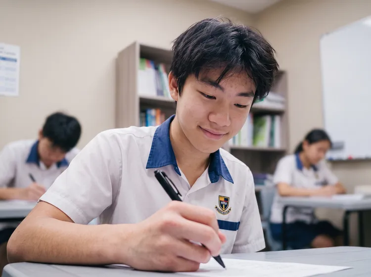 Secondary student writing at a desk during class, with classmates behind him.
