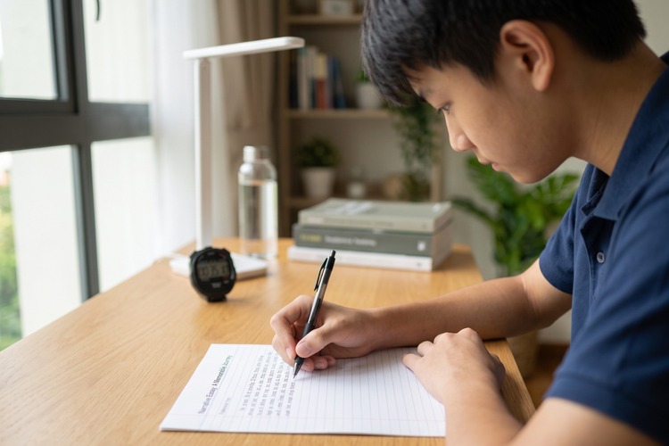 A student writing a timed English essay at a desk with a stopwatch.