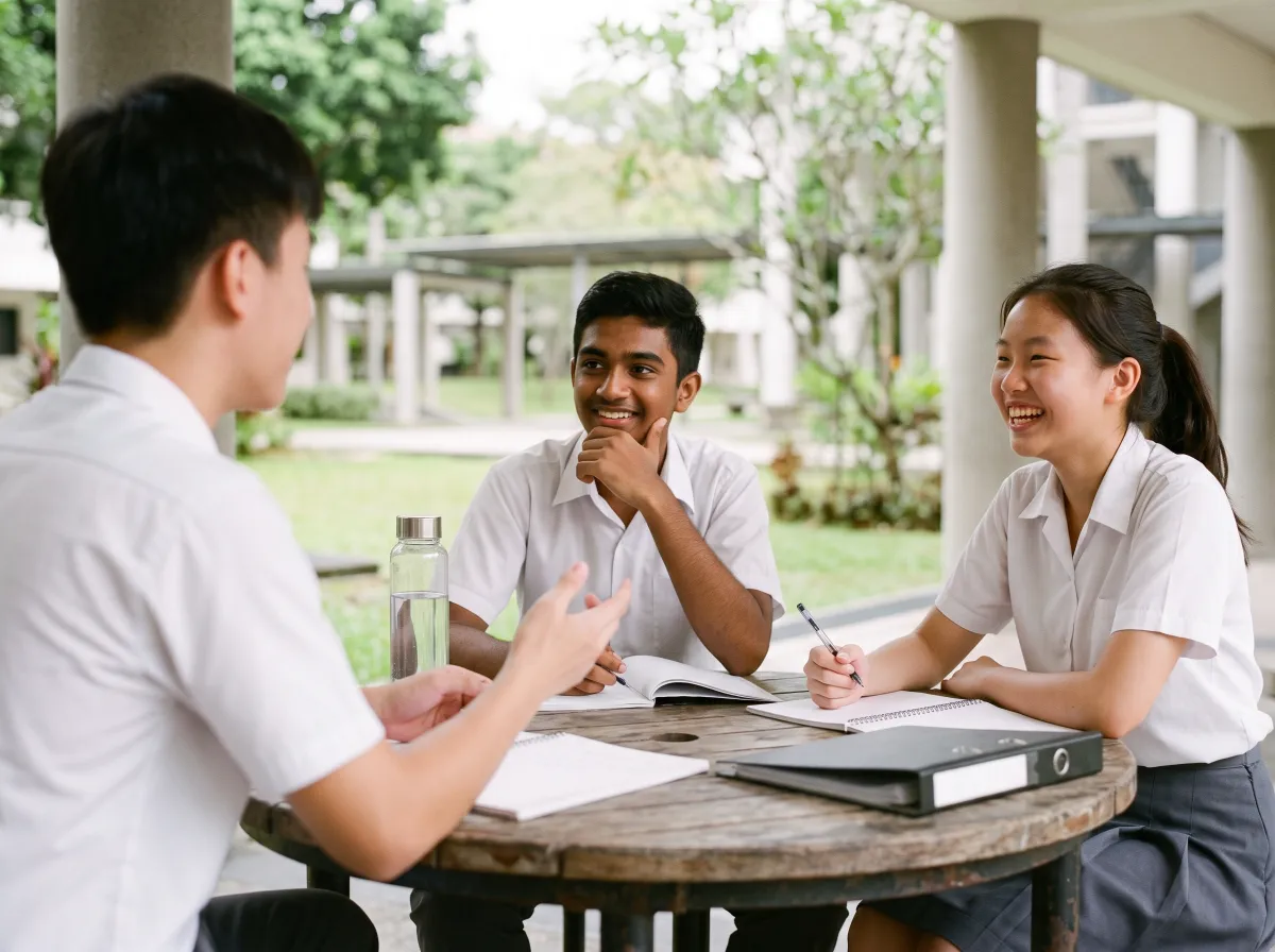 Three junior college students chatting at a wooden table beside a school garden