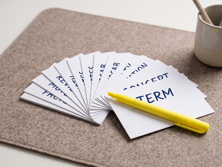 A fanned-out stack of handwritten vocabulary flashcards with a yellow highlighter on a desk mat.
