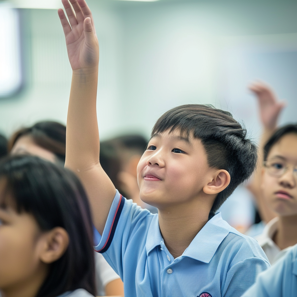 Young student eagerly raising hand in classroom, demonstrating active questioning and engagement.
